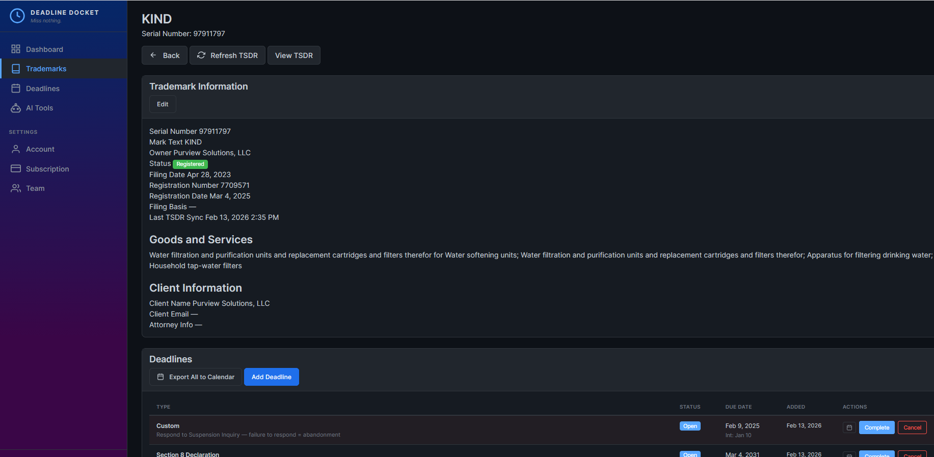 Trademark detail view showing USPTO prosecution history and filing basis from TSDR