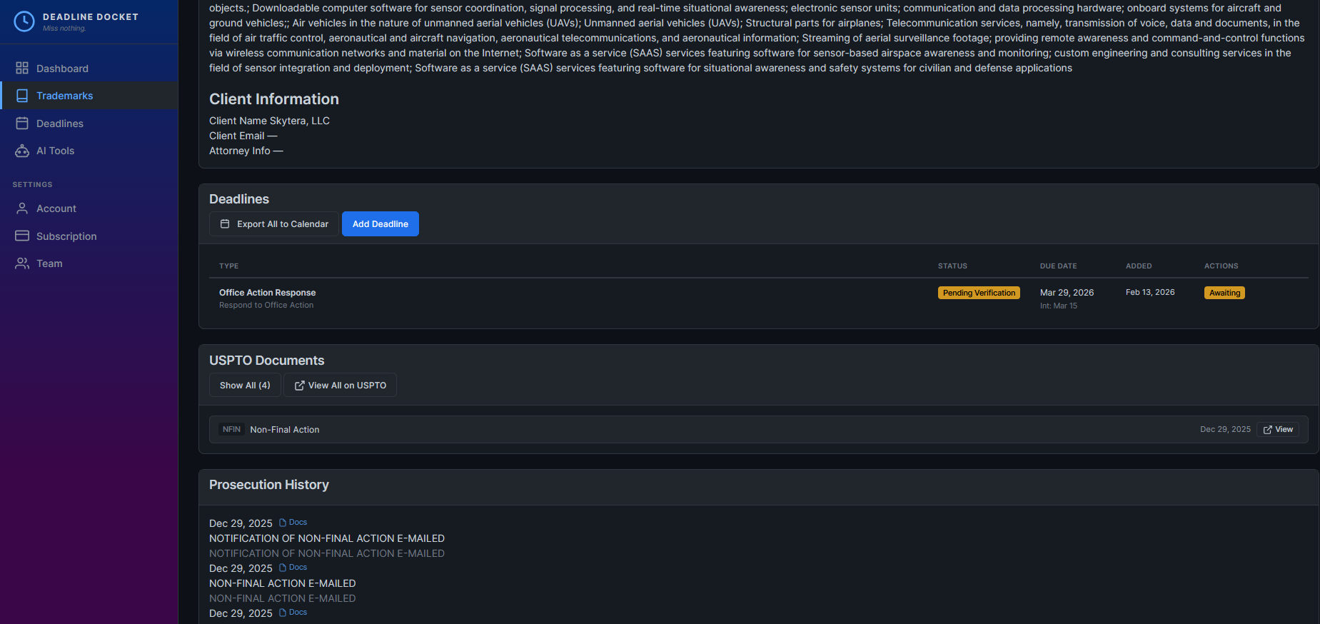 Filing verification status showing Awaiting USPTO and Verified badges on deadlines